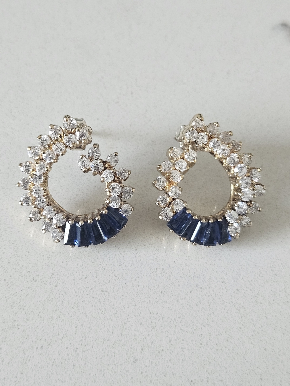 Elegant Designer CL Gold Sterling Silver Hoop Stud Earrings Blue Clear Stones